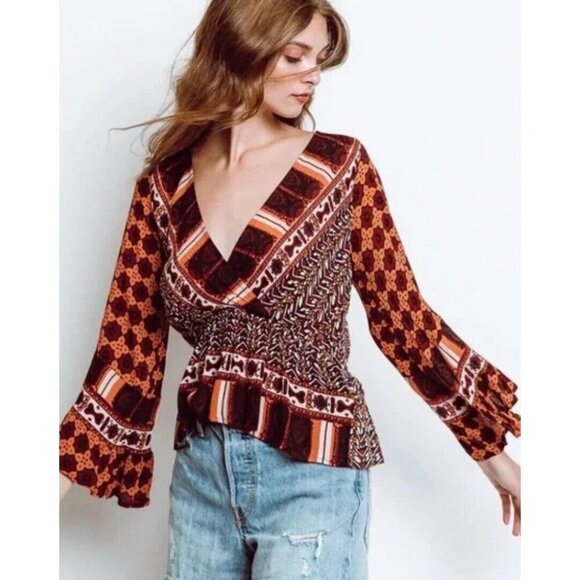 Free People Tops - NWT Free People Rosalie Bell Sleeve Faux Wrap Multicolor Blouse Womens Size XS